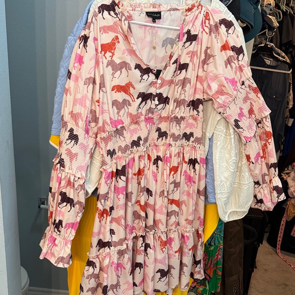 Stylish Horse Print Dress in Pink and Brown
